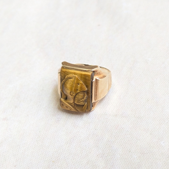 Vintage 10k Gold Ring Tiger's Eye 8 Cameo Rectangle Roman Knight